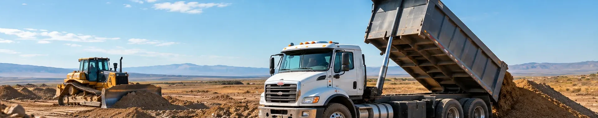Dump truck unloading fill dirt beside a bulldozer